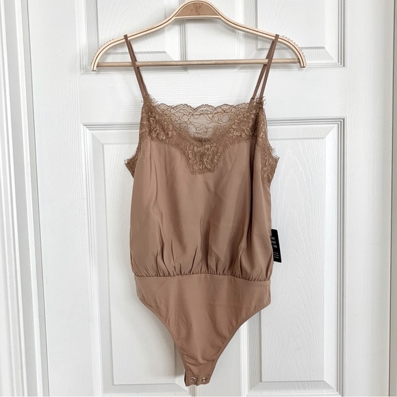 Express Beige Lace Inset Trim Silky Cami Bodysuit Top - Picture 2 of 7